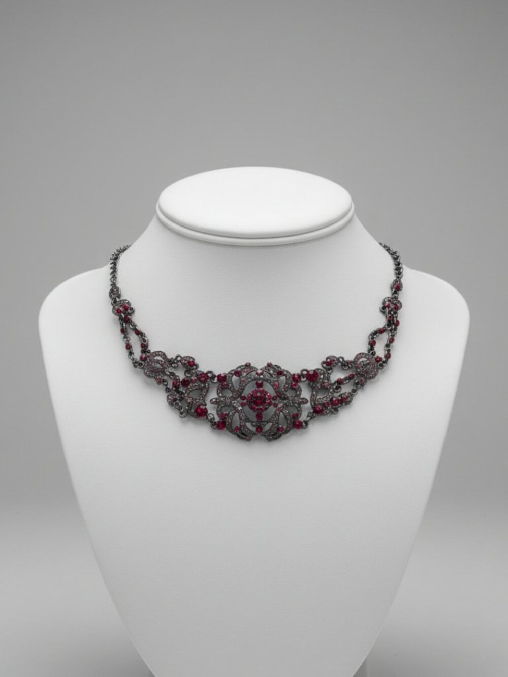 VTG VCLM Signed Gothic Victorian Gunmetal Filigree Statement Choker Red Necklace